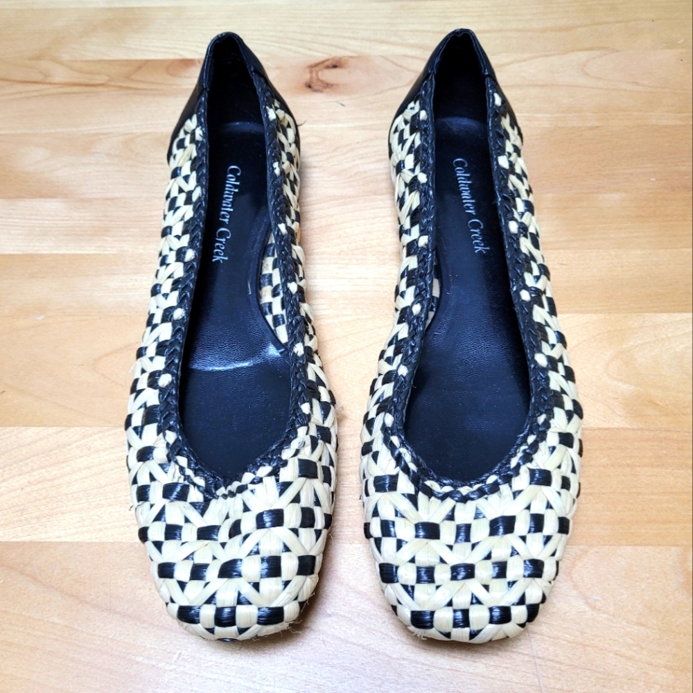 COLDWATER CREEK | Black & Natural Straw Basket Weave Ballet Flats, Sz. 8 1/2 M